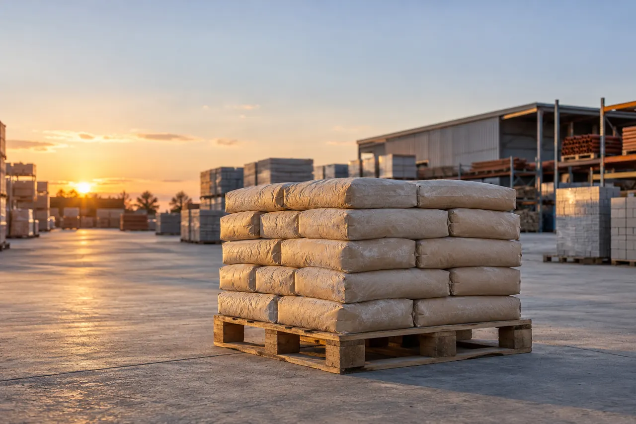 Un palet con sacos de material de construcción espera en el patio de un almacén de materiales con la última luz de la tarde.