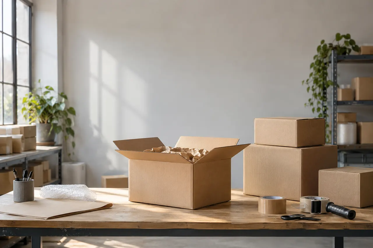 Mesa de embalaje con cajas y cinta junto a una ventana, lista para preparar los pedidos del día.